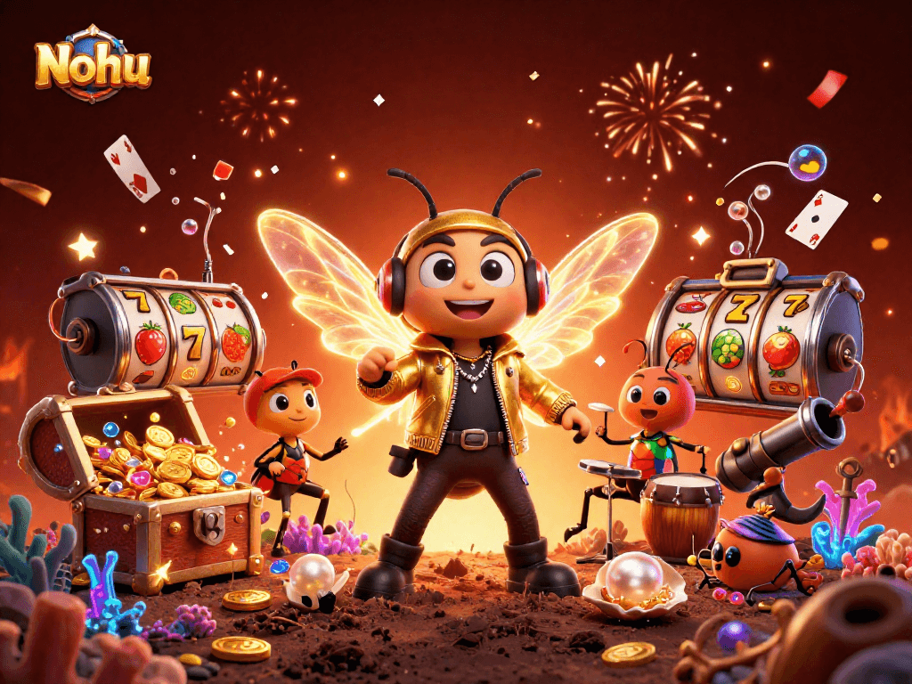 Nohu offers exciting slot experiences with a dynamic scene featuring a cicada rock star and vibrant game elements.