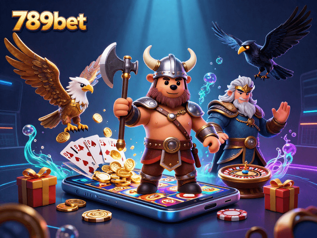 Engage in thrilling gameplay at 789bet with a vibrant scene featuring a Viking bear amidst casino excitement.