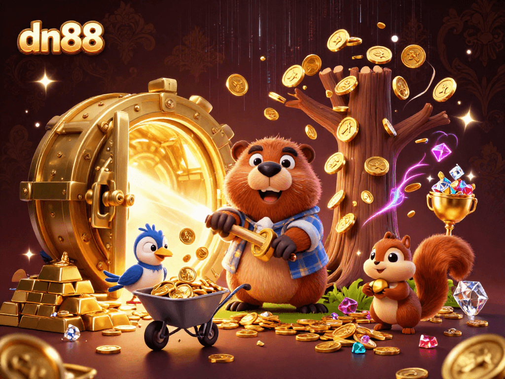 Experience winning moments at dn88 with a whimsical beaver and colorful treasure in this captivating illustration.