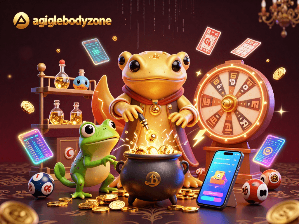 Engage with agilebodyzone's lottery experience through an enchanting alchemist's magical scene.