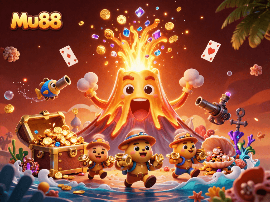 Experience the thrill of Mu88 with exploding treasure chests and triumphant golden volcano artwork.