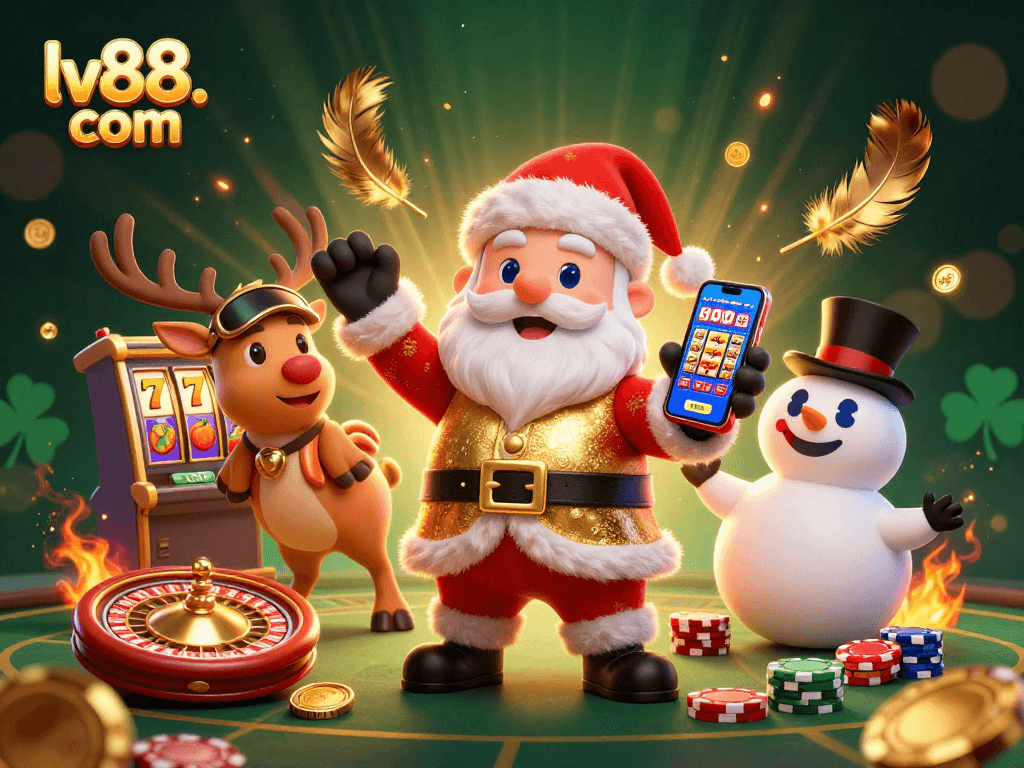 Spin and win with lv88. com in this vibrant casino scene featuring a joyful Santa, his reindeer, and a snowman.