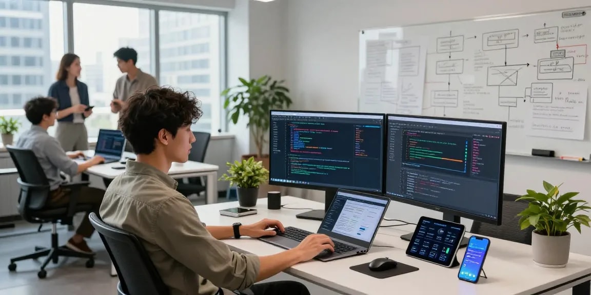 Global commodity index API showcased in a vibrant software development environment with innovative tech elements.