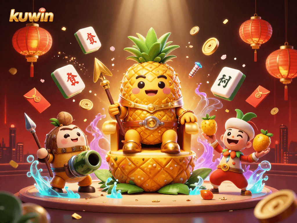 Kuwin casino features a golden pineapple king presiding over a vibrant beach-themed gaming scene, highlighting exciting gambling elements.