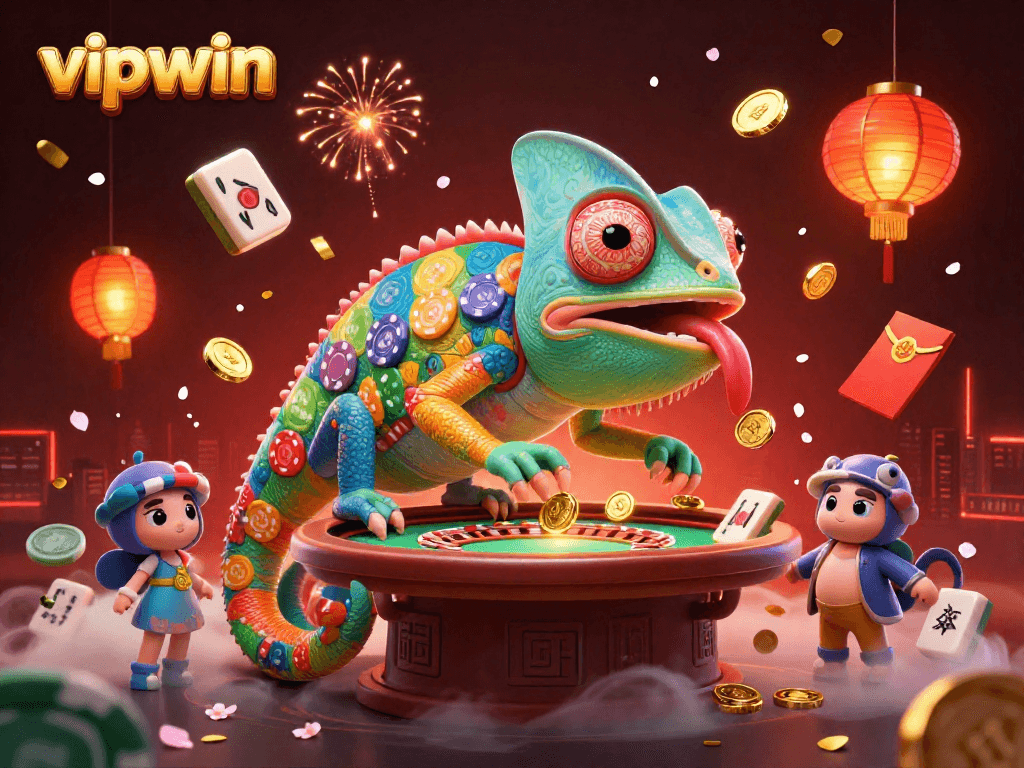 Experience thrilling gambling action with VIPWIN's vibrant casino scene illustrated by a playful chameleon.
