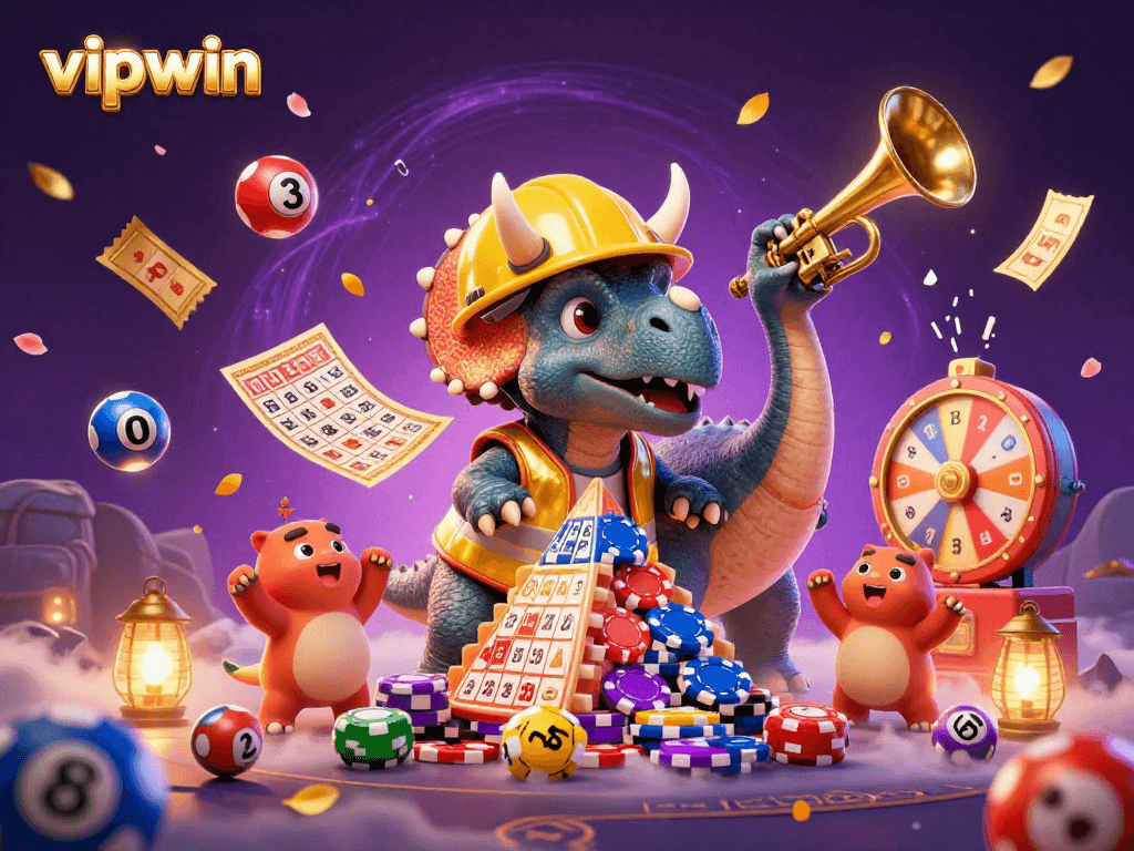 Engage in exciting betting moments at vipwin with vibrant lottery elements and joyful characters.
