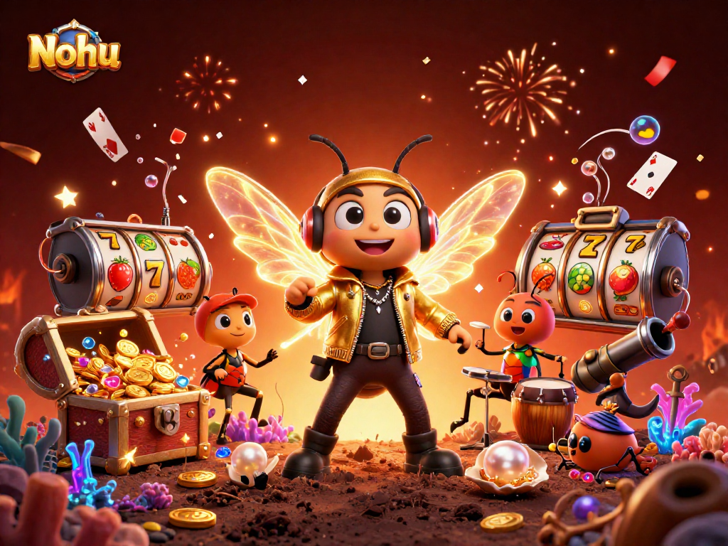 Nohu offers exciting slot experiences with a dynamic scene featuring a cicada rock star and vibrant game elements.