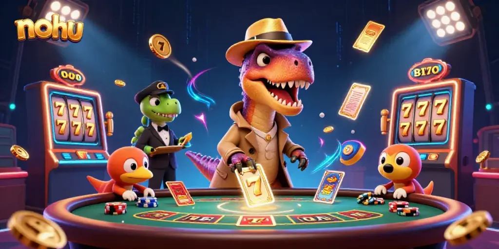 Nohu's vibrant casino scene with cartoon characters engaging in blackjack alongside slot elements and gold coins.