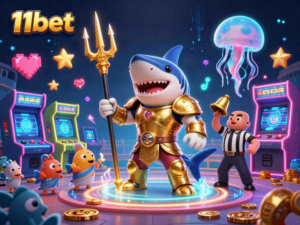 Engage with 11bet's thrilling underwater casino scene featuring a gladiator shark and vibrant gaming elements.