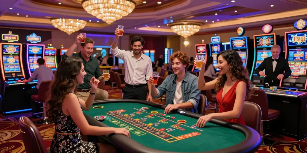 Casino Gratuit gaming scene with diverse friends enjoying roulette and slots in a vibrant atmosphere.
