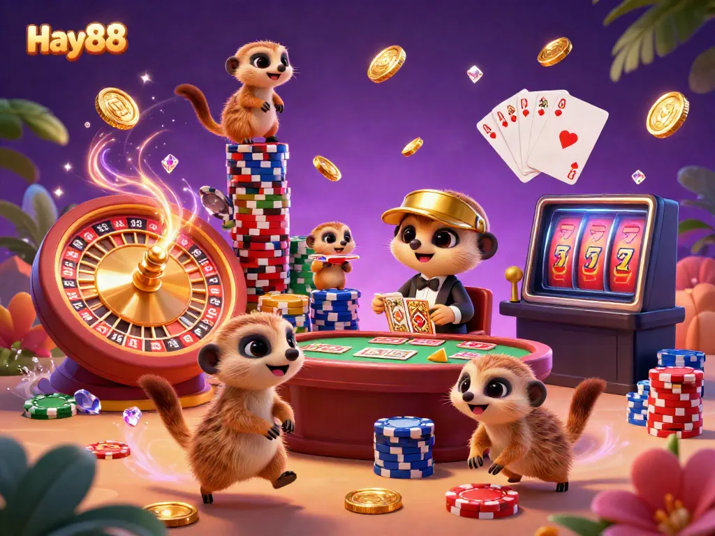 Join the excitement at Hay88 with meerkats operating a bustling casino filled with games and rewards.
