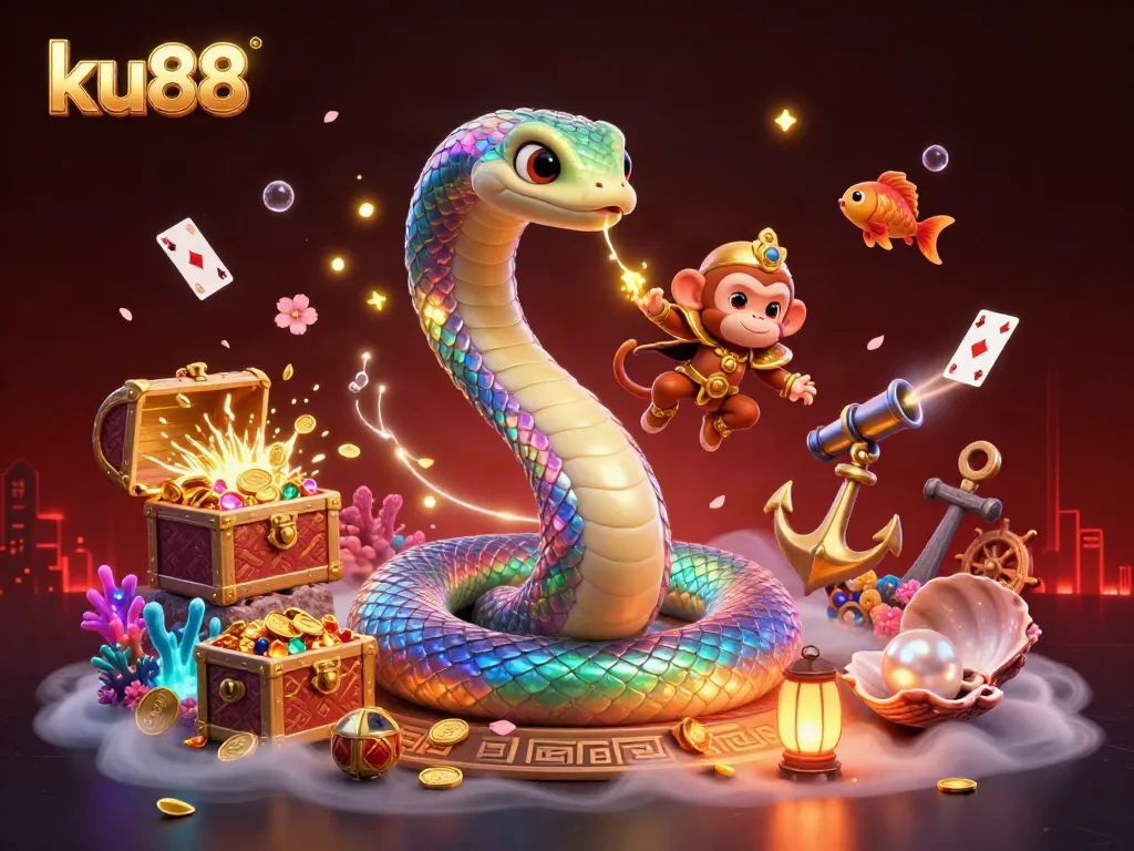 ku88's magical illustration showcases an enchanting scene with a rainbow serpent, monkey king, and exciting casino elements.