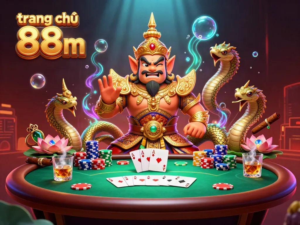 Engage with the exciting scene at trang chủ 88m showcasing a vibrant Thai guardian amidst poker elements.