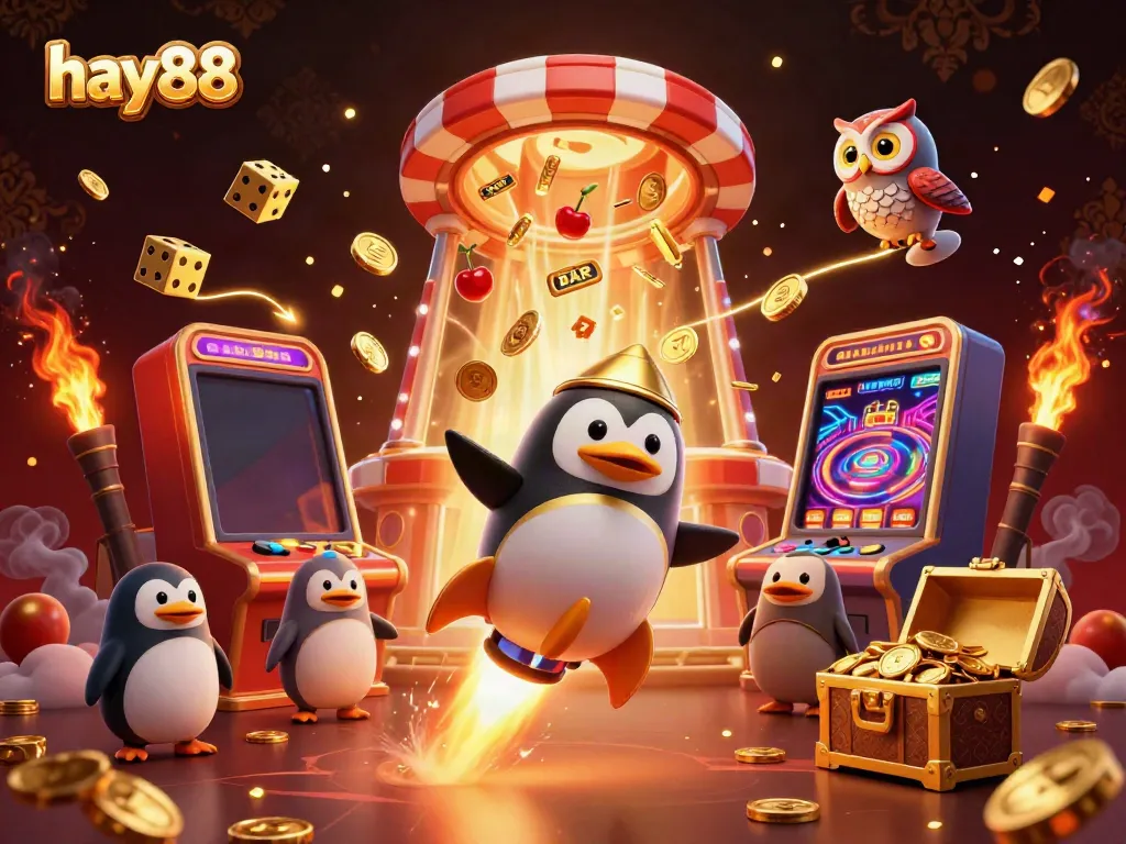 Experience thrilling gameplay at hay88 featuring a golden penguin soaring to a vibrant casino space.