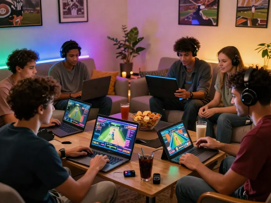 Diverse friends enjoying an exhilarating online gaming night with net88 in a vibrant living room.