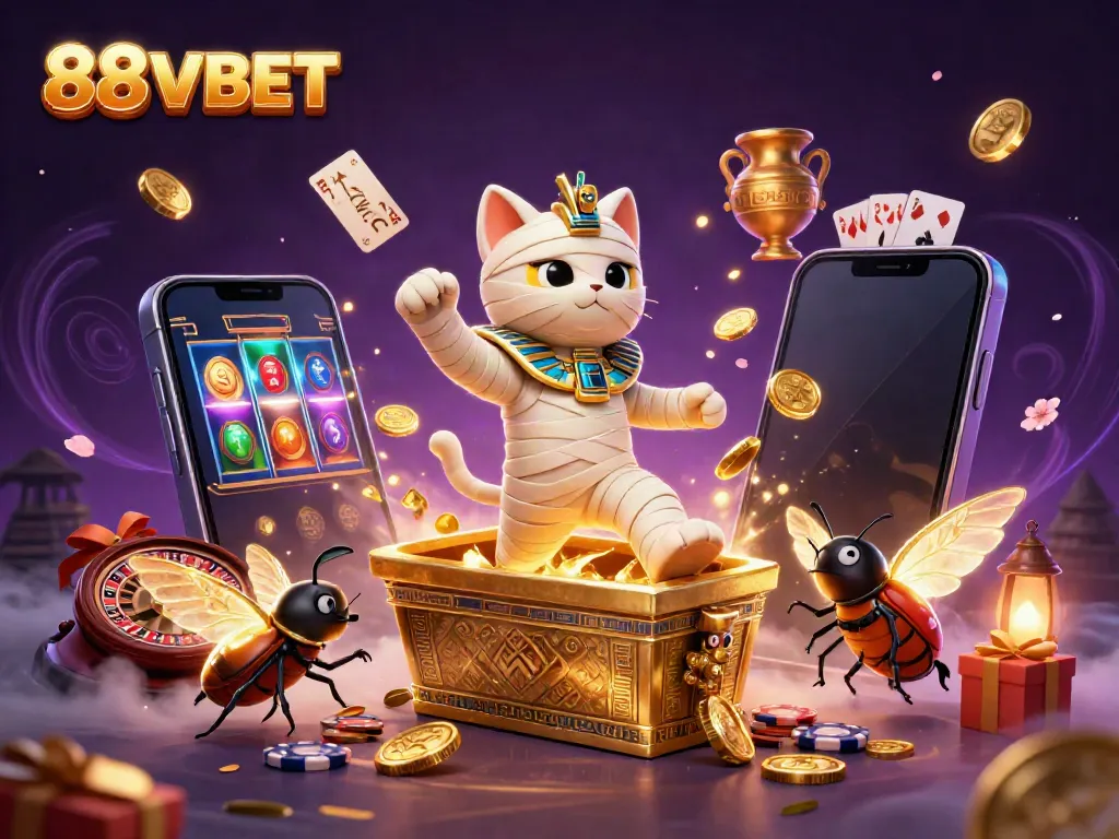 Experience thrilling gameplay at 88VBET with a vibrant 3D illustration of an Egyptian cat and casino elements.