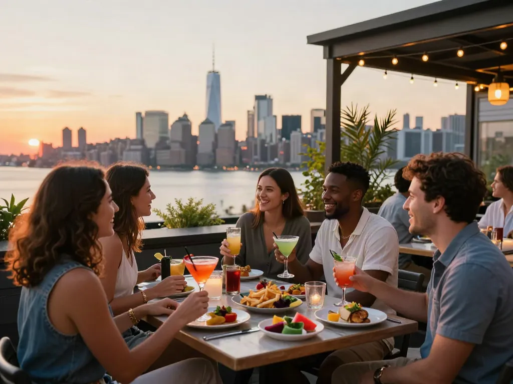 Enjoying nohu cocktails with skyline views at a rooftop bar.