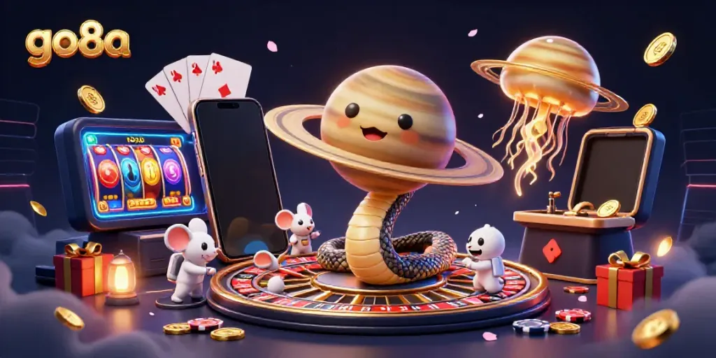 Experience thrilling bets on go8a with cosmic casino characters in a fun 3D illustration.