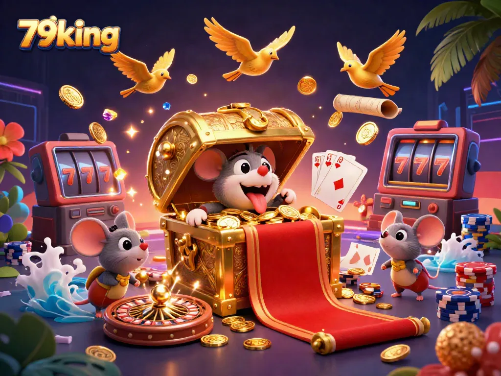 Engage with 79king treasures in a vibrant, animated casino adventure scene featuring wealth and excitement.