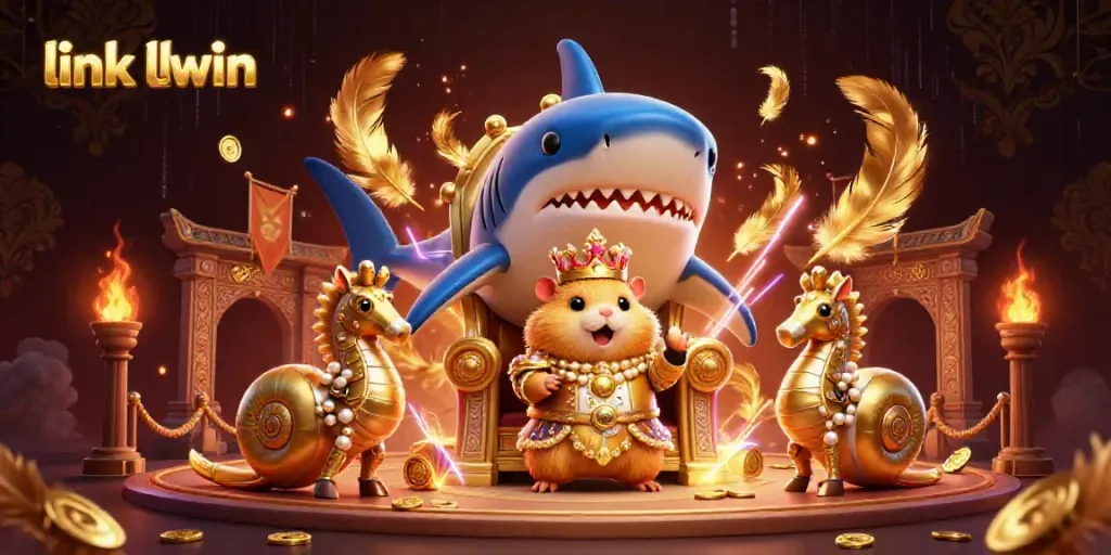 Experience action at the link llwin casino with the fierce golden hamster king on his megalodon throne.