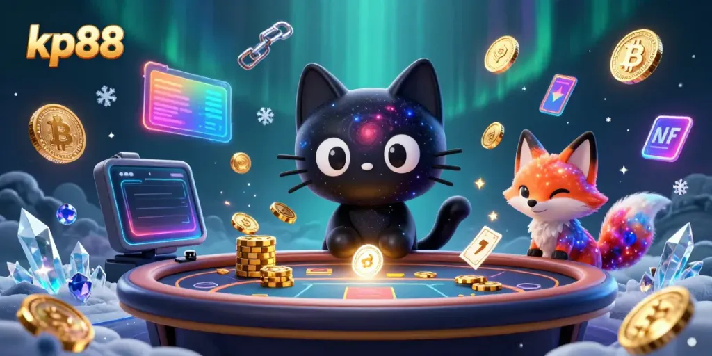 Engage with kp88 at a cosmic casino where a black hole cat attracts golden chips and cards.