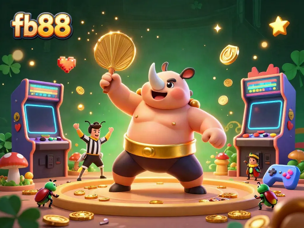 Experience thrilling wins at fb88 in this vibrant 3D casino illustration featuring a dynamic sumo showdown.