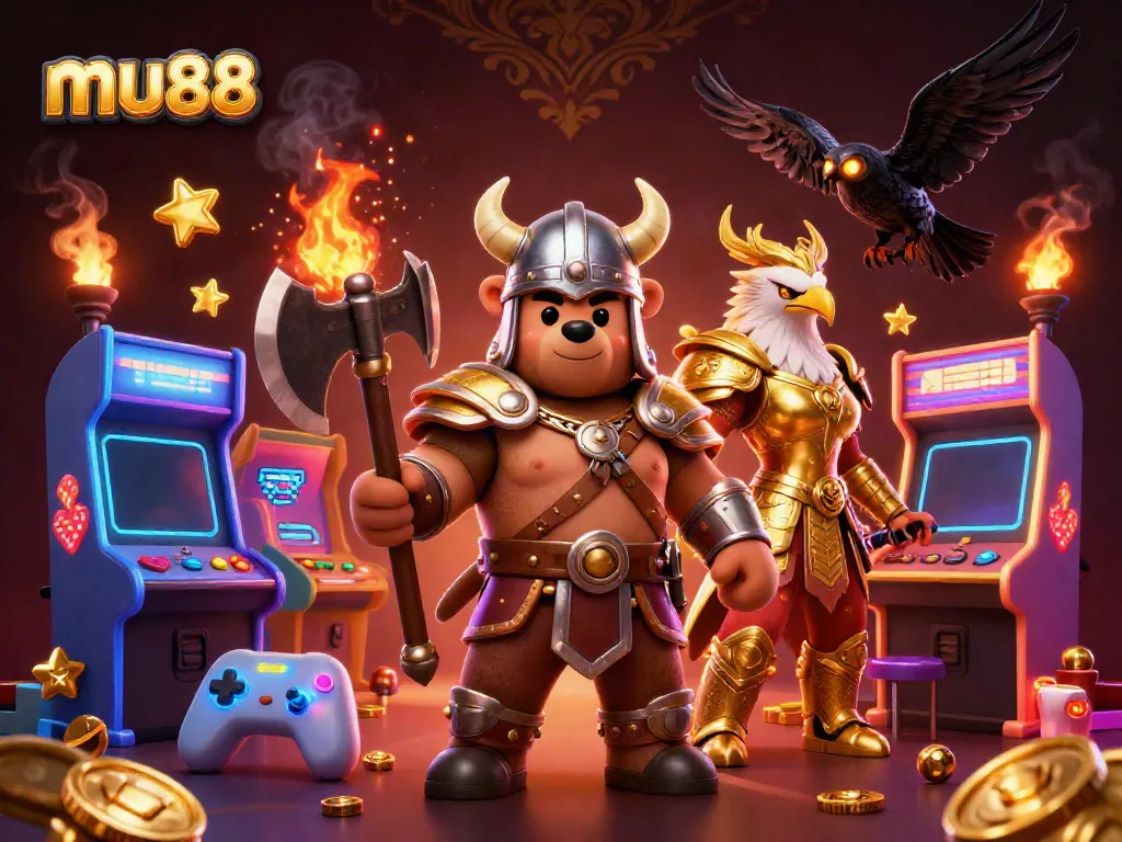 Experience mu88’s vibrant gaming world through a fantasy casino scene featuring unique characters and arcade elements.
