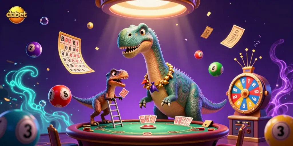 Experience thrilling card dealing at Dabet's playful casino, featuring lively cartoon dinosaurs.