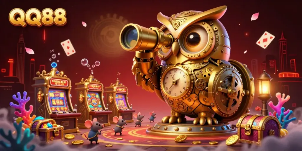 Engage in thrilling gameplay at QQ88 with a dynamic casino scene featuring advanced 3D elements and vibrant characters.