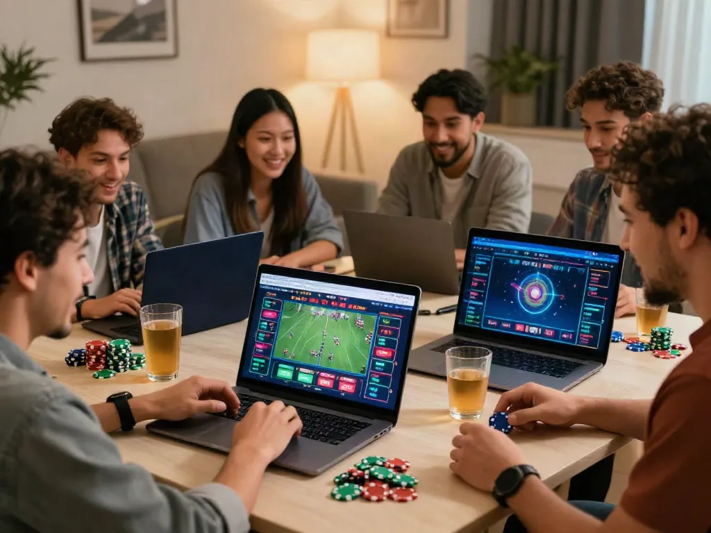 Excited friends enjoying the online gambling experience at red88, placing bets together in a lively home setting.