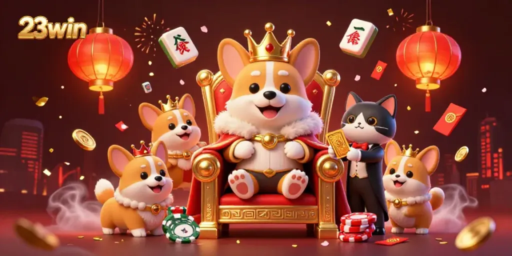 Experience the excitement at 23win with a royal corgi and a cozy atmosphere of poker chips and lanterns.