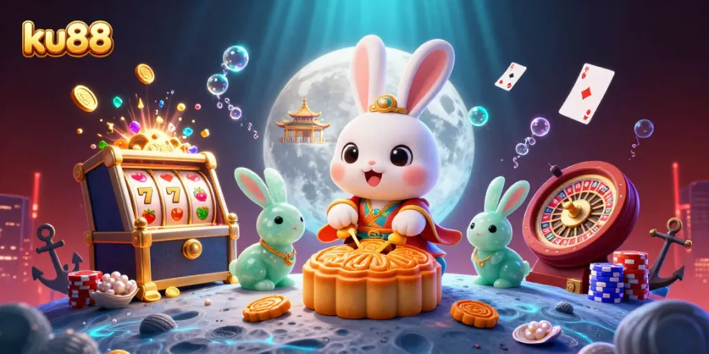 ku88 presents vibrant, lively casino scene with moon rabbit and rich gaming elements