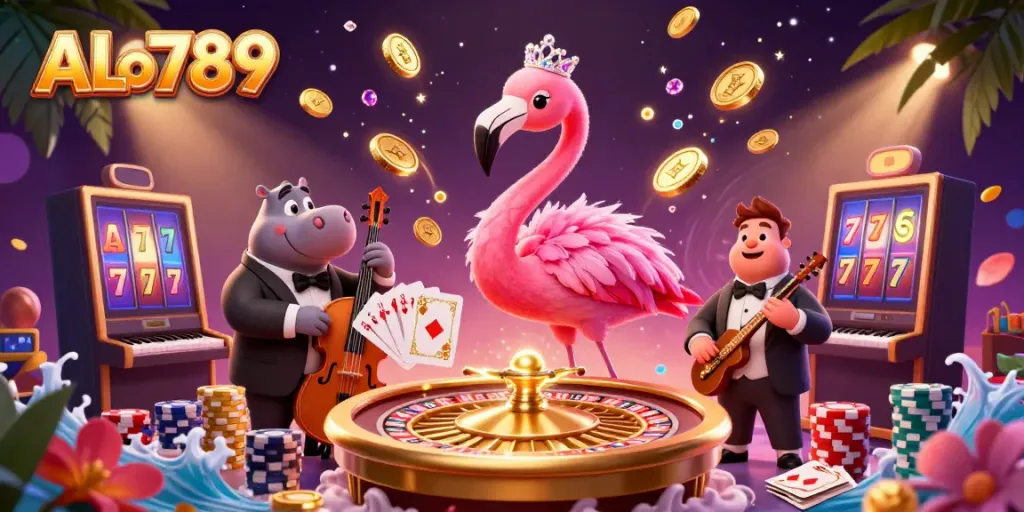 Experience ALo789's vibrant atmosphere in this stunning 3D casino scene, featuring dynamic characters and exciting gambling elements.
