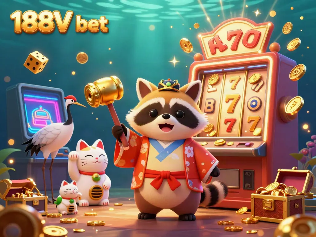 Engage with exciting games featuring 188V bet on a joyful scene showcasing a tanuki, crane, and waving fortune cats.