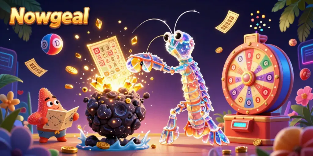 Experience the thrill of Nowgoal with colorful lottery elements in an action-packed fantasy scene.