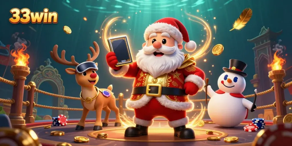 Experience thrilling jackpots with 33win as Santa, his reindeer, and a snowman join in a dynamic casino scene.
