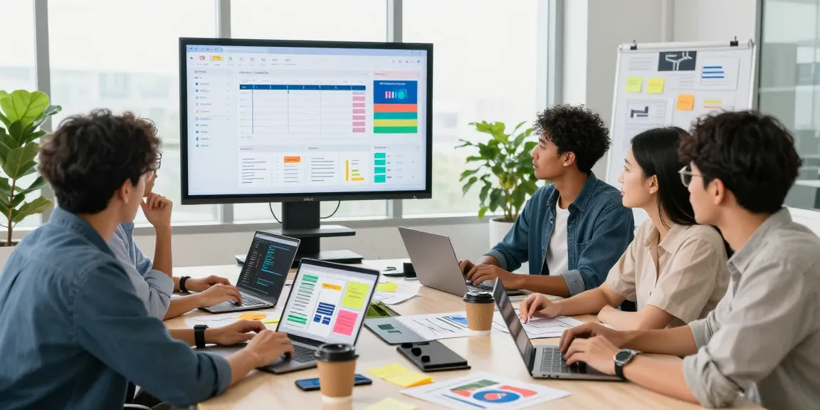 Web Design & Development team collaborating in a modern office, showcasing vibrant project screens and teamwork.