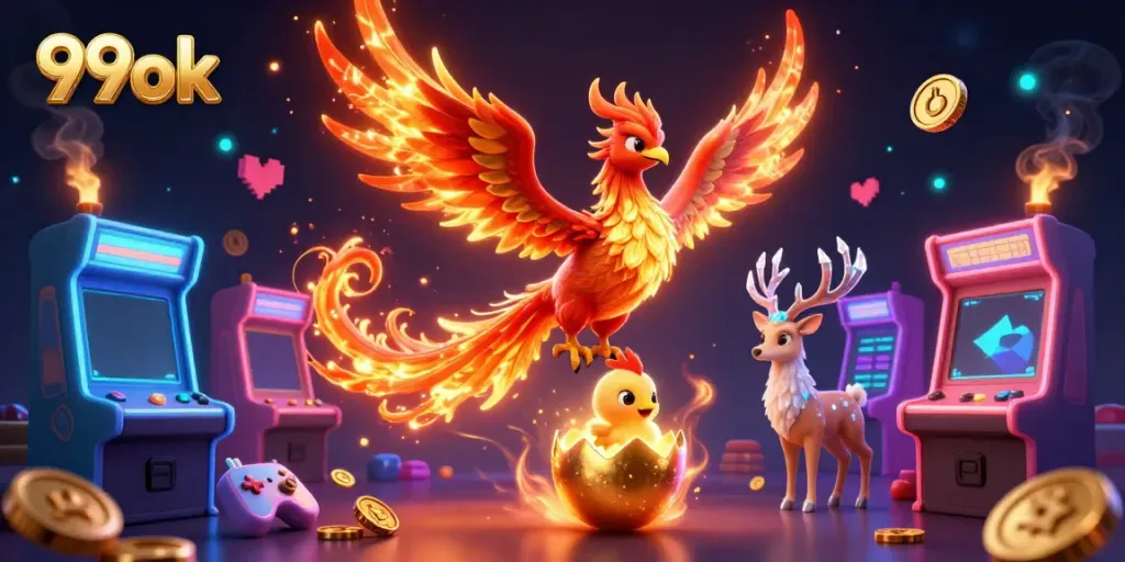 Experience the excitement of 99ok with a vibrant scene featuring a fire phoenix and gaming elements.