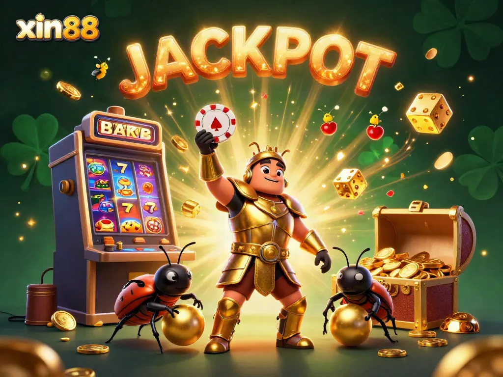 Experience the excitement at xin88 with a victorious hercules beetle and vibrant casino elements spilling jackpot riches.