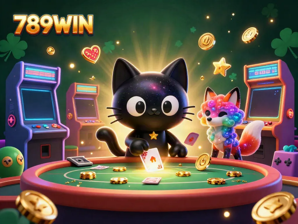 Experience the thrilling 789WIN casino action with a cosmic cat and fox in a vibrant 3D scene.
