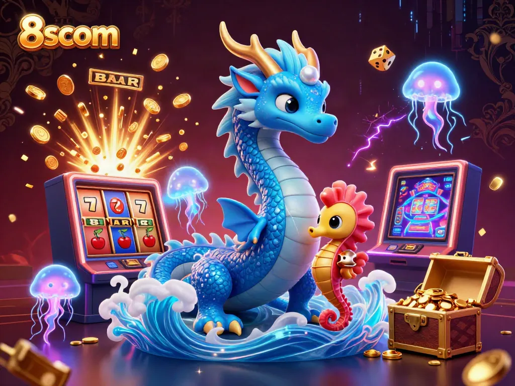 Engage with 8scom's captivating scene of a water dragon and seahorse knight amidst jackpot games