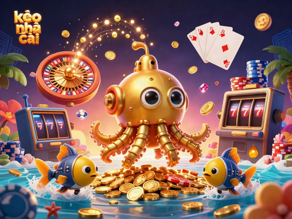 Create your winning strategies with kèo nhà cái in this vibrant, dynamic casino scene showcasing golden kraken and gaming elements.