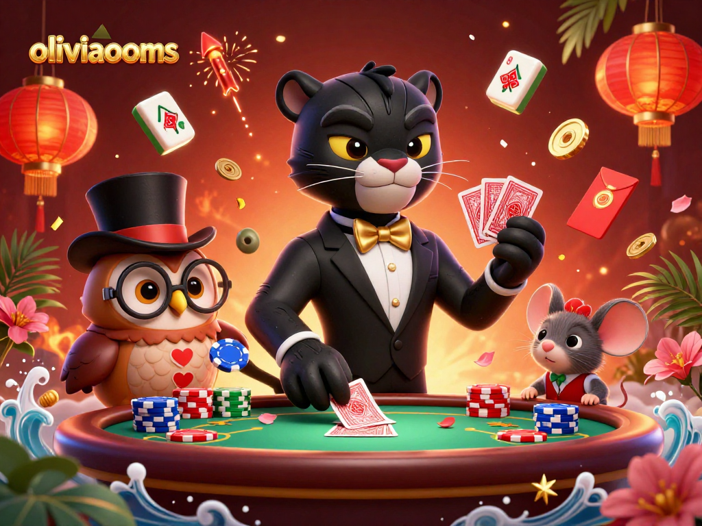 Engage in thrilling games at oliviaooms, featuring stylish casino characters and vibrant gambling elements.