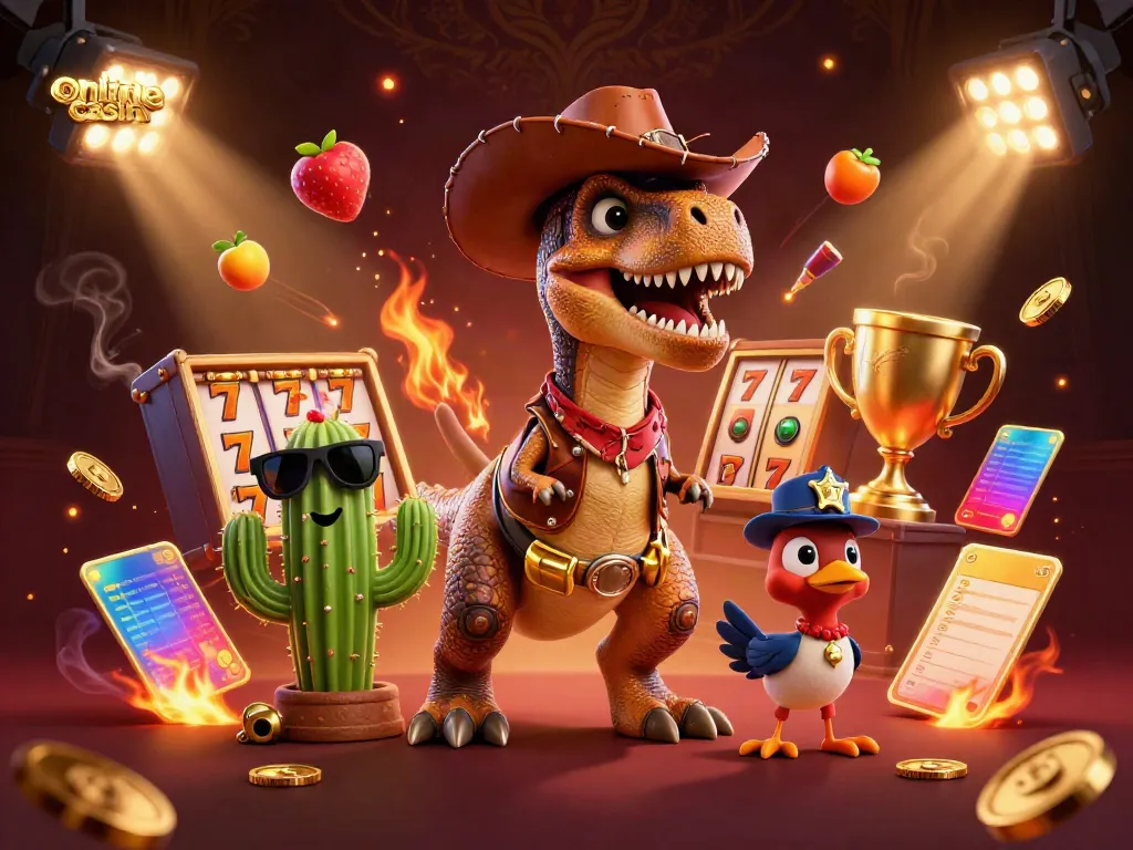 Experience thrilling gameplay in this online casino scene with giant slot reels and lively characters.