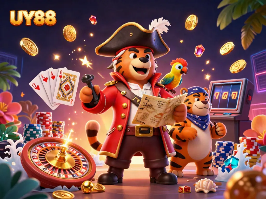 Experience gaming excitement with UY88 in a vibrant 3D casino scene featuring captivating characters.