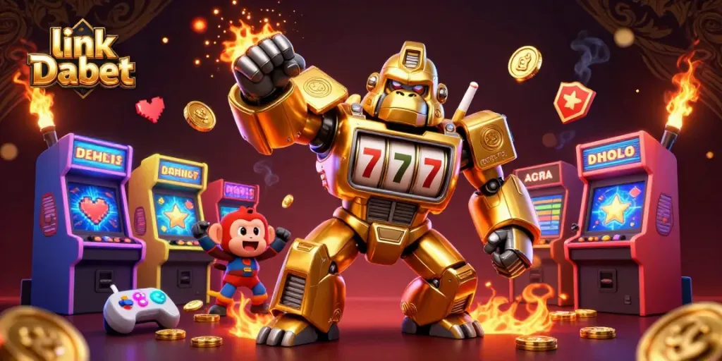 Win big with link Dabet in this vibrant, dynamic casino illustration featuring a golden gorilla mech.