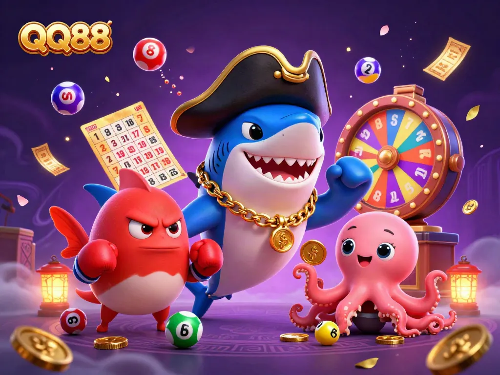 Experience thrilling gaming action with QQ88's colorful characters and dynamic casino elements.
