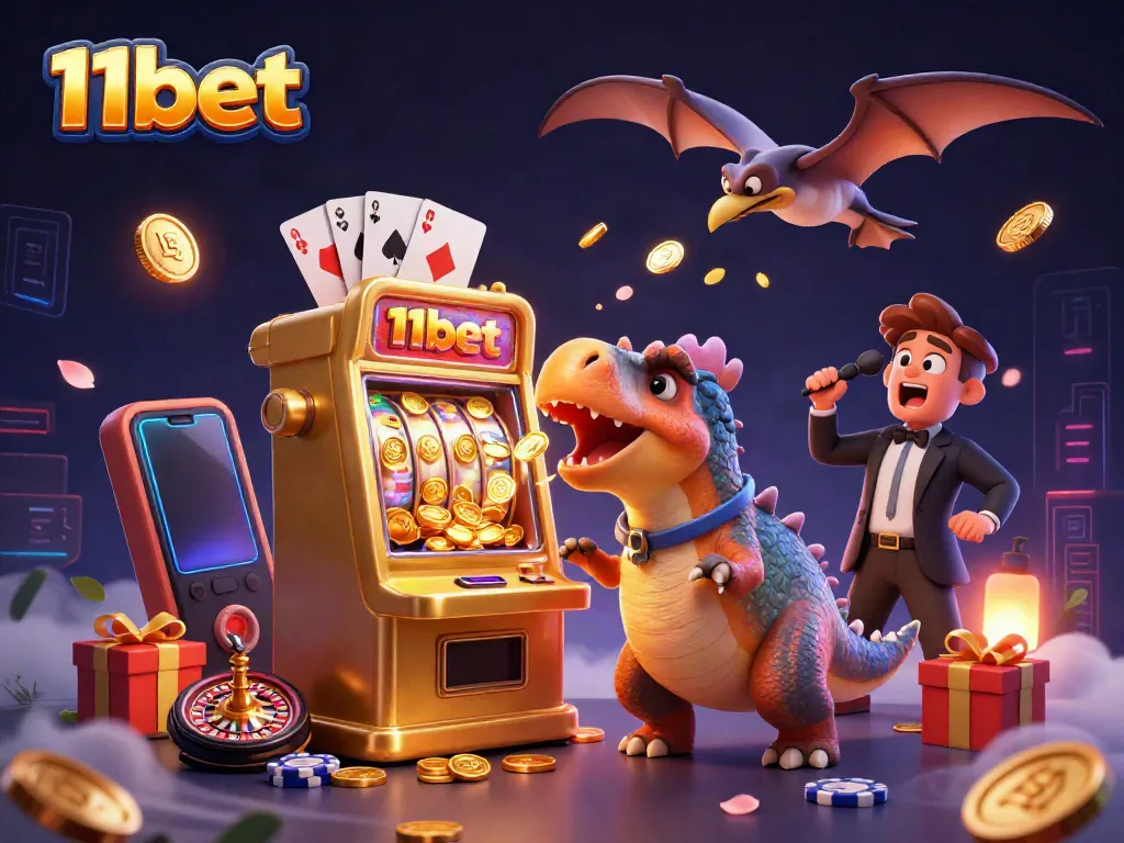 Experience the thrill of 11bet as a cartoon pachycephalosaurus claims jackpot coins from a golden slot machine amidst a dynamic casino scene.
