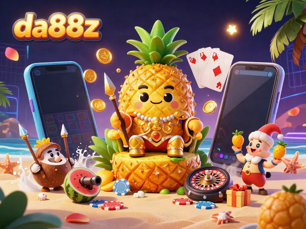 Spin and win at da88z with vibrant casino illustrations showing gameplay, jackpot riches, and tropical fun.