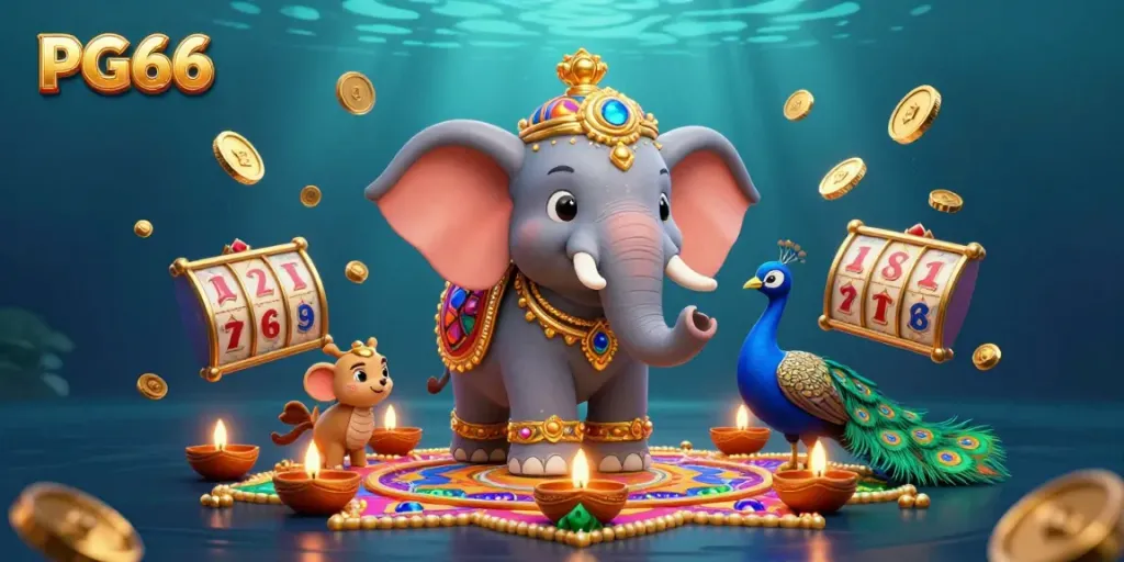 Engage in gambling fun with PG66 featuring a vibrant elephant and peacock amidst a colorful casino scene.